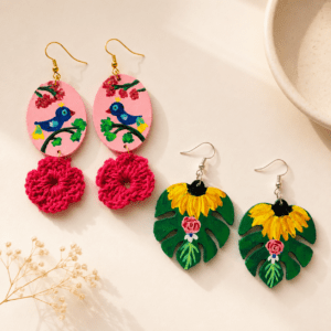 Hand Painted Bird Earring Floral Dangle Earring Pink Statement Earring Handmade Boho Jewelry Nature Lover Gift Colorful Art Jewelry