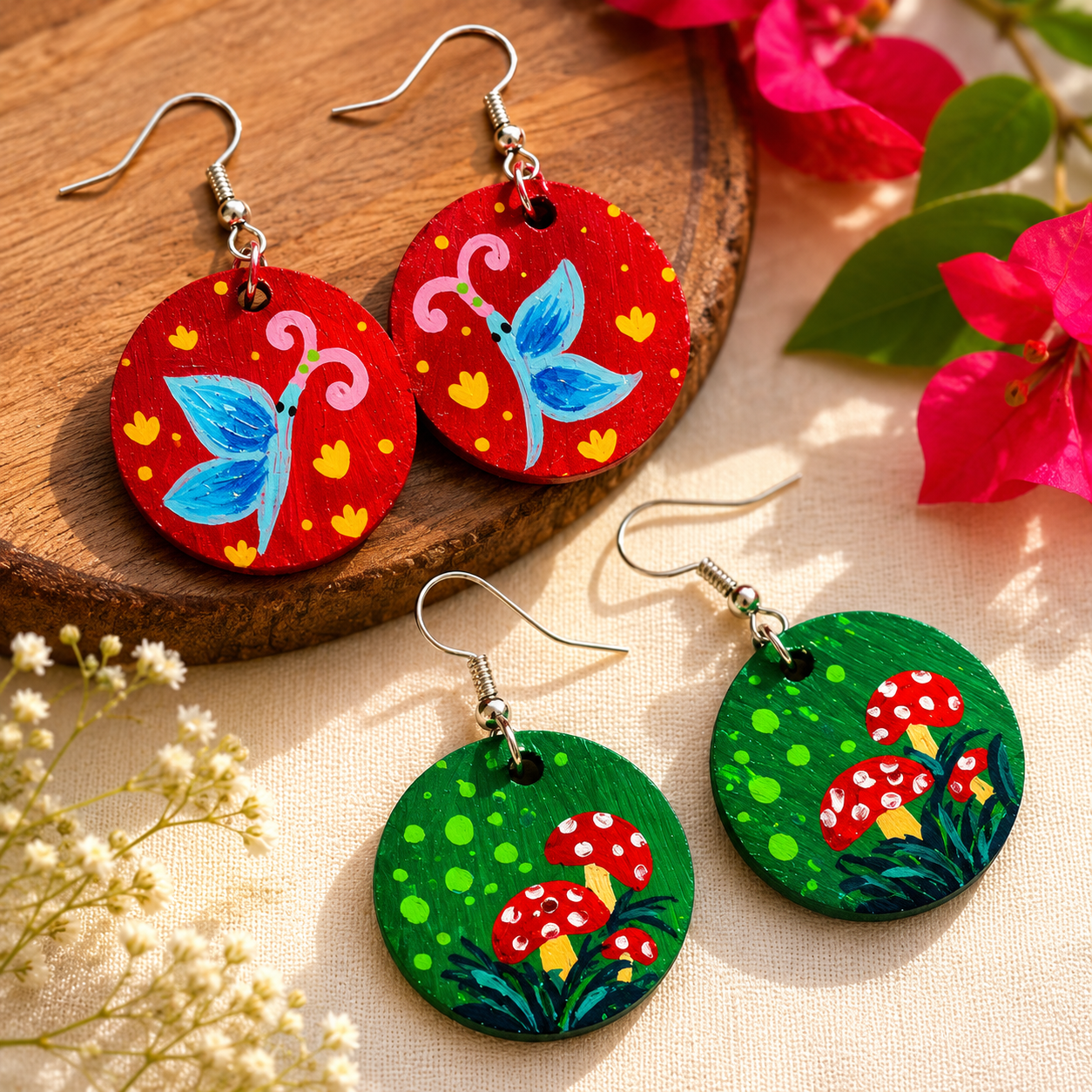 Hand Painted Wooden Earring Cottagecore Jewelry Boho Statement Earring Wearable Art Gift for Her - Image 3