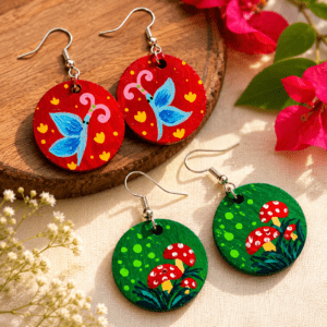 Hand Painted Wooden Earring Cottagecore Jewelry Boho Statement Earring Wearable Art Gift for Her