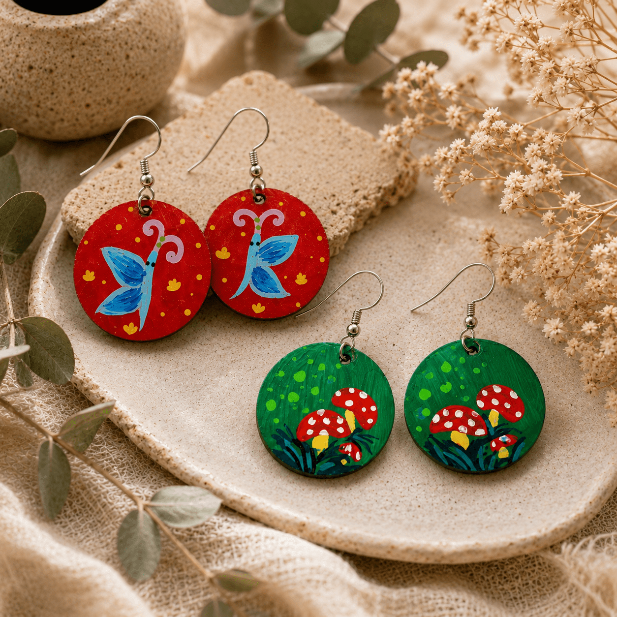 Hand Painted Wooden Earring Cottagecore Jewelry Boho Statement Earring Wearable Art Gift for Her - Image 4
