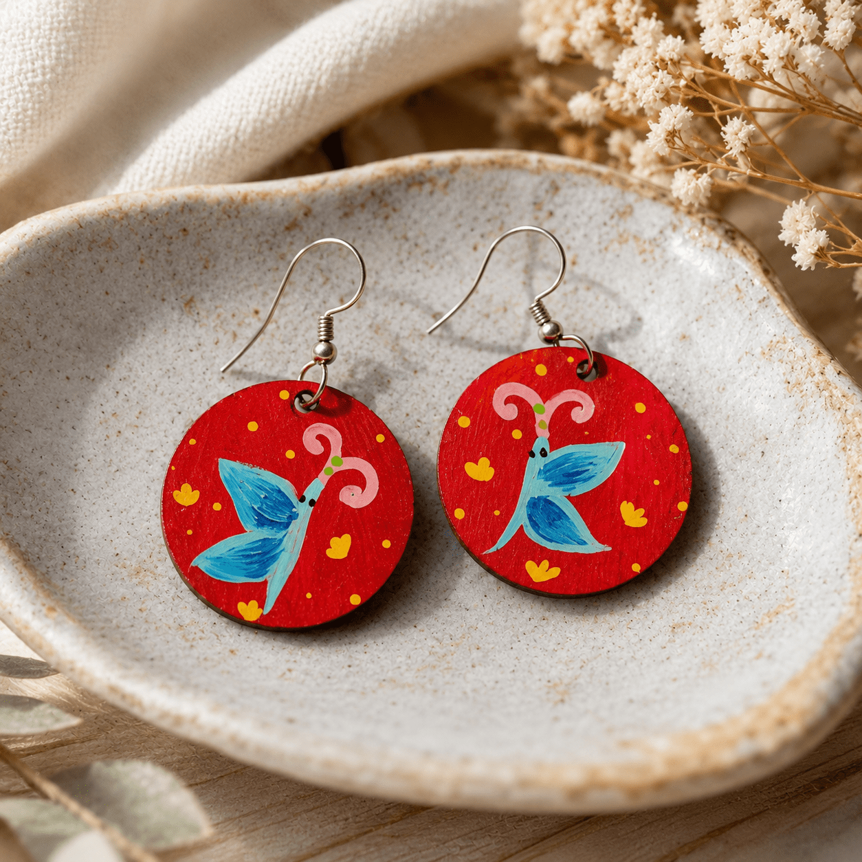Hand Painted Wooden Earring Cottagecore Jewelry Boho Statement Earring Wearable Art Gift for Her - Image 9