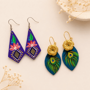 Hand Painted Wooden Earring Peacock Feather Lotus Mirror Boho Statement Earring Handmade Gift for Women