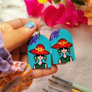 Boho Hand Painted Wooden Earring Colorful Woman Portrait Earring Lightweight Statement Jewelry Artistic Gift for Her