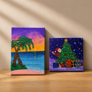 Set of 2 Mini Canvas Paintings Original Hand Painted Artwork Beach Sunset Christmas Tree Home Decor Gift