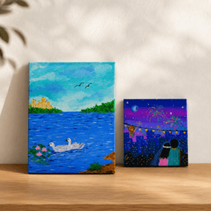 Set of 2 Original Mini Canvas Paintings Swan Lake Landscape Romantic Couple Art Home Decor Housewarming Gift
