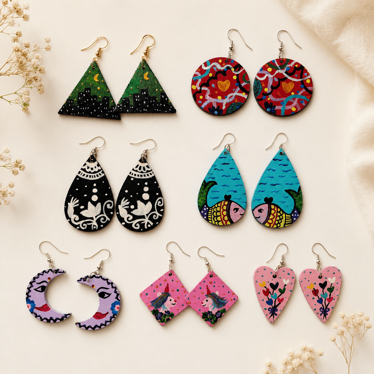 Wearable Art Earrings Hand Painted Jewelry Statement Earring Gift For Her Boho Handmade Artistic Jewelry Women