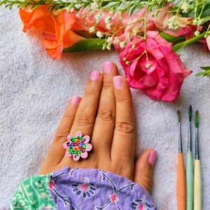 Hand Painted Floral Ring Handmade Flower Statement Ring Adjustable Wooden Ring Botanical Jewelry Gift for Her