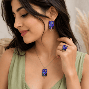Hand Painted Jewelry Set Matching Earrings Necklace Ring Starry Night Art Handmade Wearable Art Gift for Her