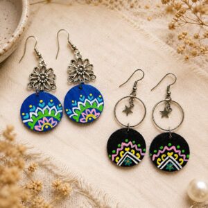 Hand Painted Mandala Earring Handmade Wooden Dangle Earring Boho Statement Jewelry Colorful Artisan Gift for Her