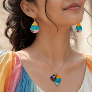 Hand Painted Romantic Beach Jewelry Set Matching Wooden Earring and Couple Pendant Handmade Anniversary Gift for Her