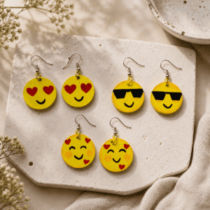 Hand Painted Smiley Face Earring Heart Eye Emoji Happy Face Wooden Dangle Earring Handmade Gift for Her