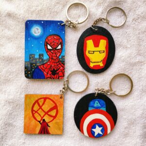 Hand Painted Superhero Keychain Handmade Marvel Inspired Keychain Spider Man Iron Man Captain America Wooden Gift for Him