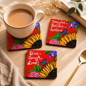 Hand Painted Tea Coaster Handmade Wooden Drink Coaster Sunflower Floral Table Decor Housewarming Gift for Her