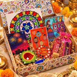 Handmade Diwali Gift Box for Loved Ones, 6-in-1 Indian Festive Gift Set, Hand-Painted Diya, Folk Art Cards & Shubh Labh Magnet