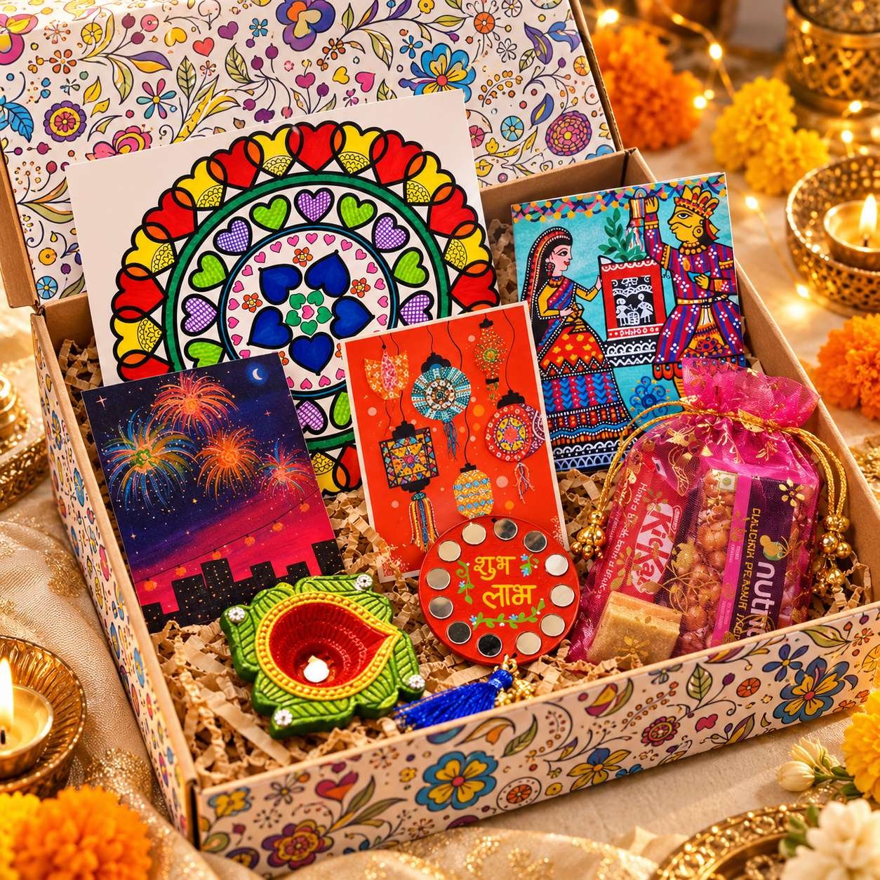 Handmade Diwali Gift Box for Loved Ones, 6-in-1 Indian Festive Gift Set, Hand-Painted Diya, Folk Art Cards & Shubh Labh Magnet