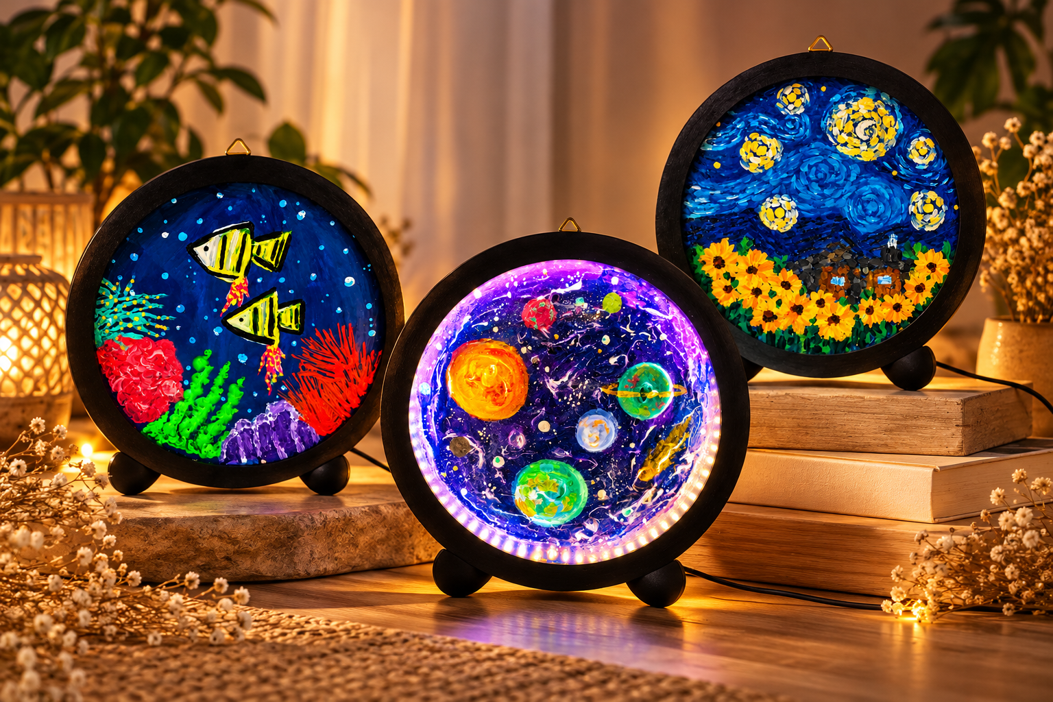 Set of 3 Hand Painted Night Lamps, Galaxy Ocean & Sunflower Decor, Unique Home Gift - Image 2