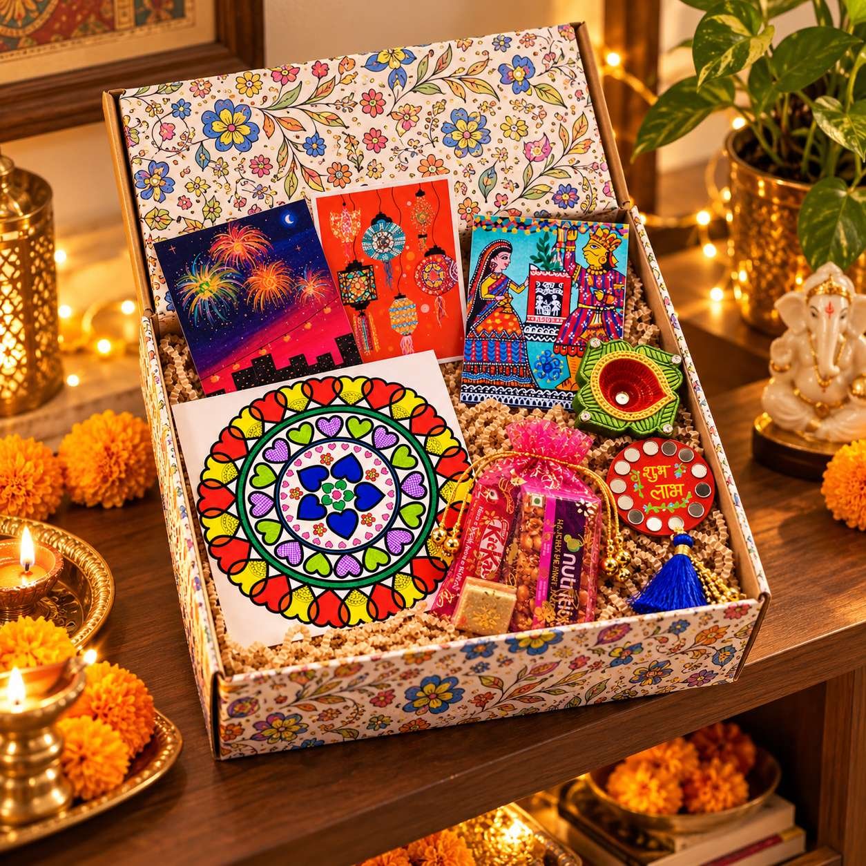 Handmade Diwali Gift Box for Loved Ones, 6-in-1 Indian Festive Gift Set, Hand-Painted Diya, Folk Art Cards & Shubh Labh Magnet - Image 2