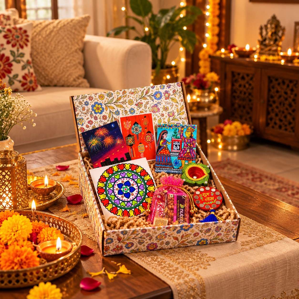 Handmade Diwali Gift Box for Loved Ones, 6-in-1 Indian Festive Gift Set, Hand-Painted Diya, Folk Art Cards & Shubh Labh Magnet - Image 3
