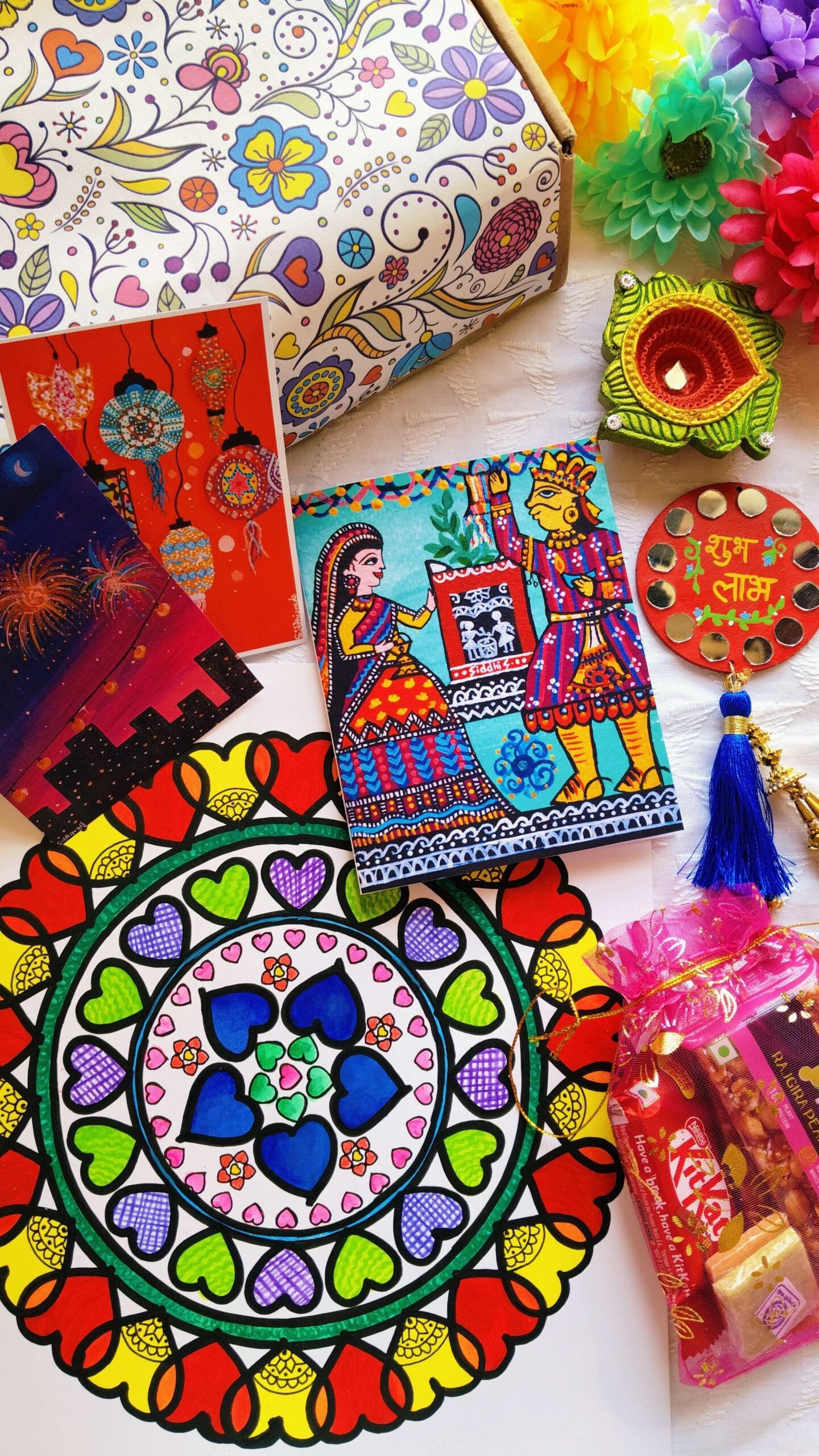 Handmade Diwali Gift Box for Loved Ones, 6-in-1 Indian Festive Gift Set, Hand-Painted Diya, Folk Art Cards & Shubh Labh Magnet - Image 5