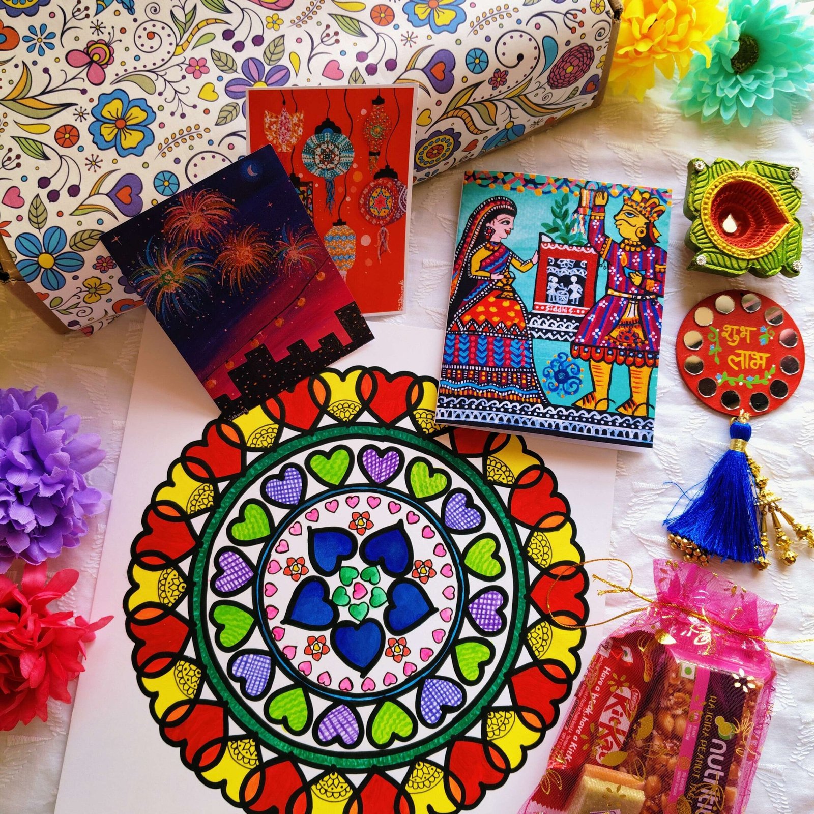 Handmade Diwali Gift Box for Loved Ones, 6-in-1 Indian Festive Gift Set, Hand-Painted Diya, Folk Art Cards & Shubh Labh Magnet - Image 4