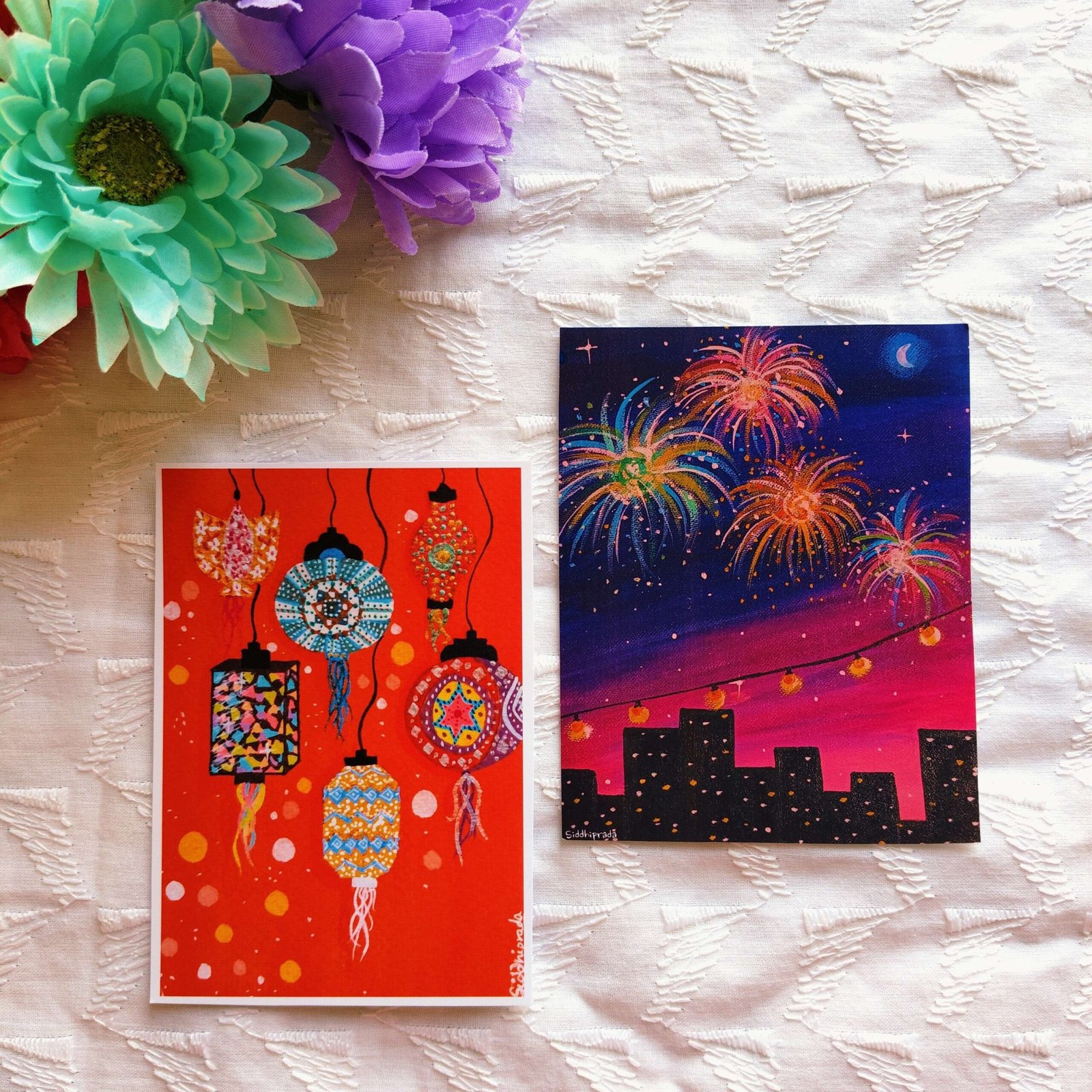 Handmade Diwali Gift Box for Loved Ones, 6-in-1 Indian Festive Gift Set, Hand-Painted Diya, Folk Art Cards & Shubh Labh Magnet - Image 6